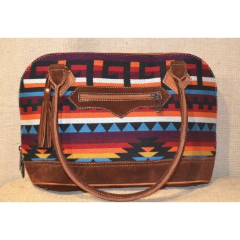 Torebka etniczna z ciemnobrązowej zamszowej skóry i wełnianej haftowanej tkaniny .